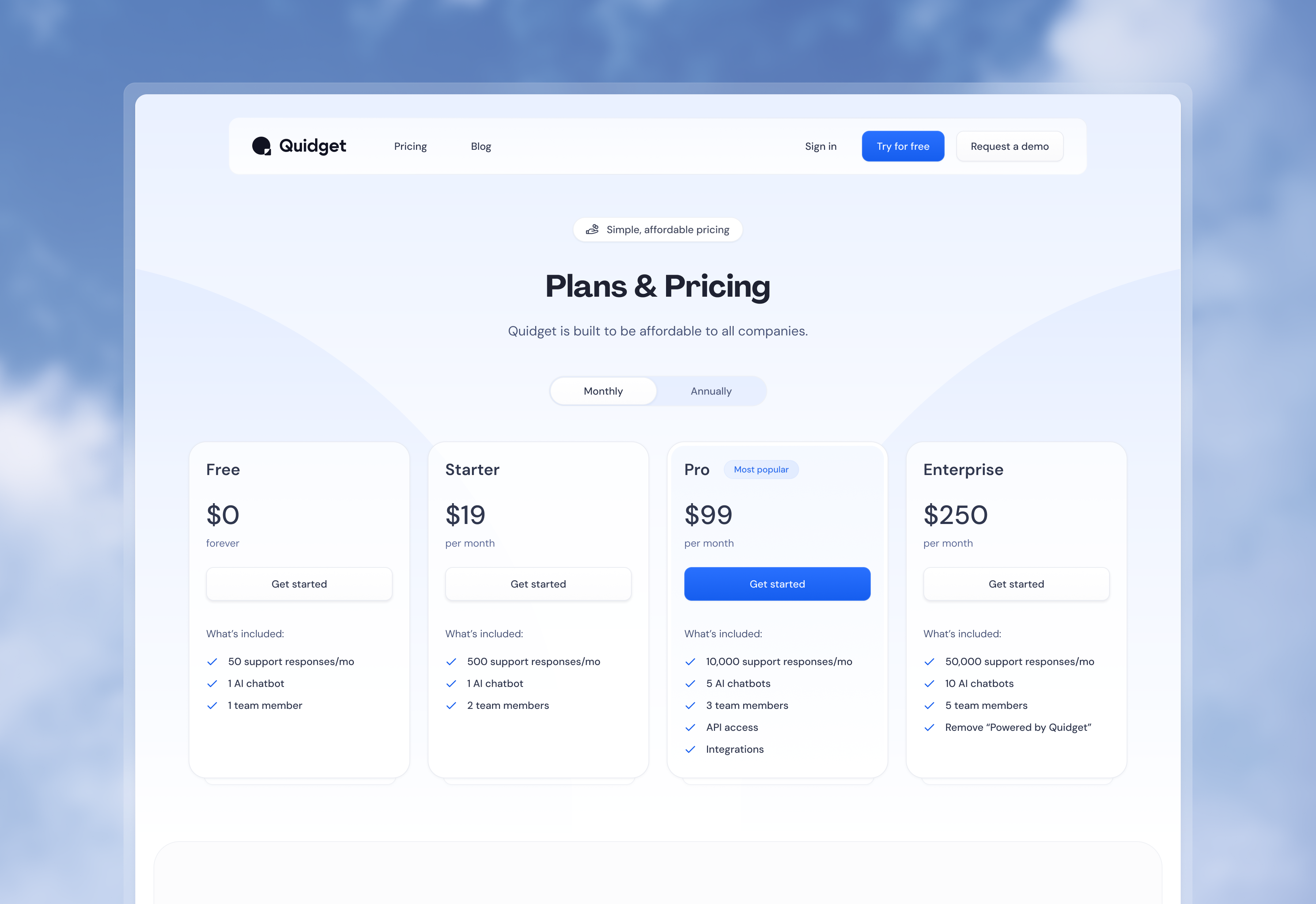 Quidget marketing website hero